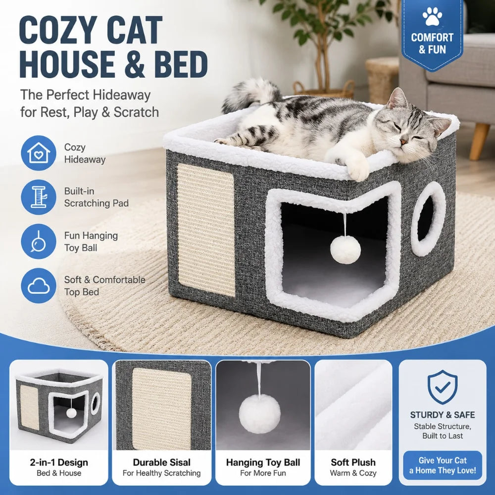 XMSJ Foldable Double Layer Cat House With Toy Tunnel