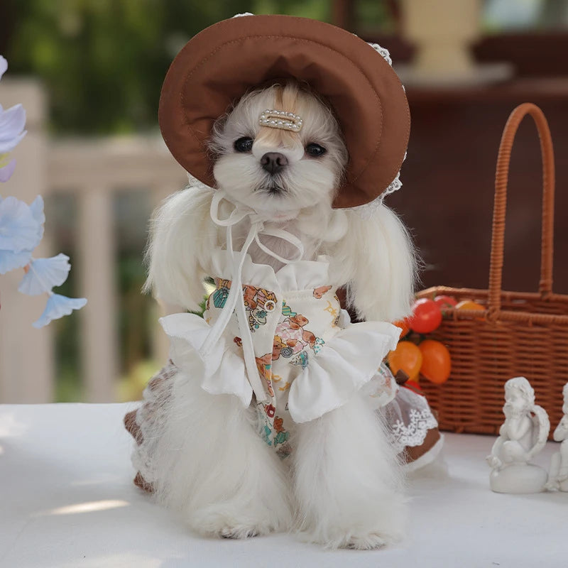 NONECN Lace Dress and Maid Hat Set for Canine Companions