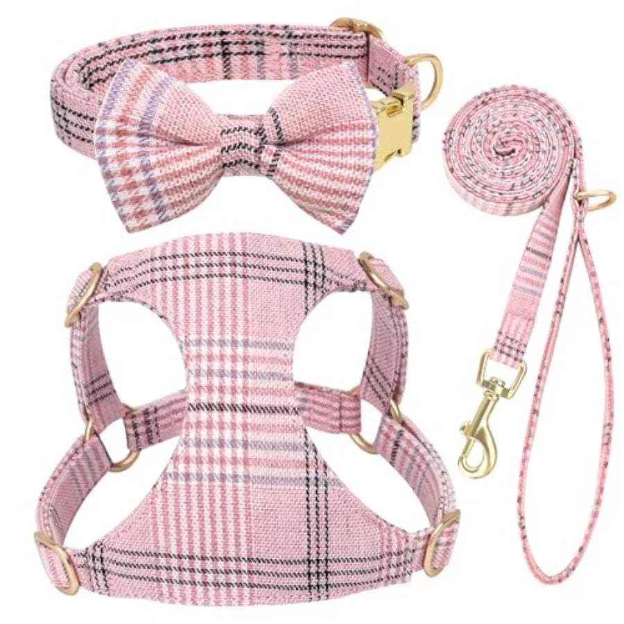 Adjustable Plaid Dog Harness Collar and Leash Set with Bowtie