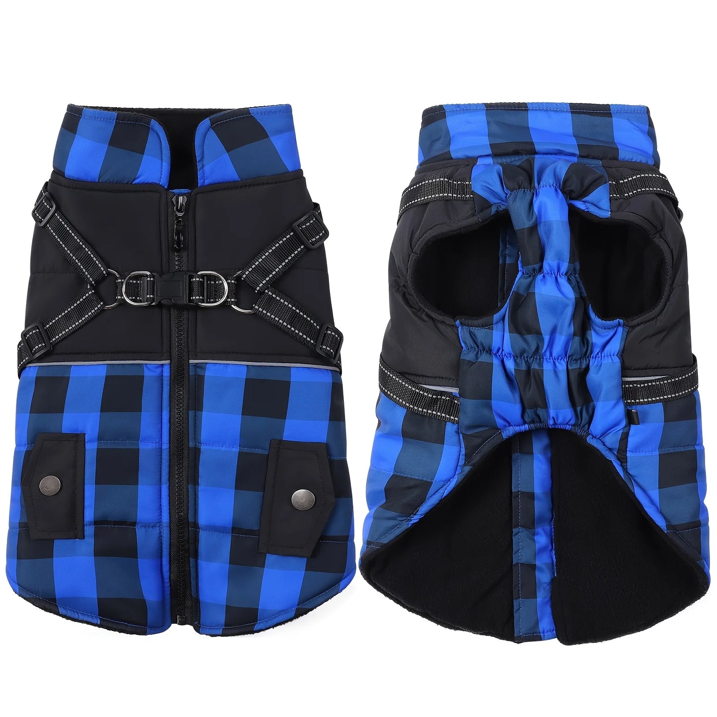 Plaid Padded Dog Jacket With Harness Windproof For Winter Weather