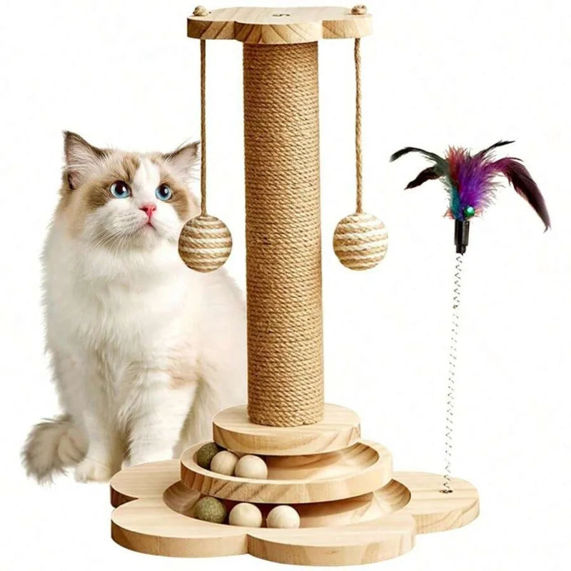 Wooden Cat Scratching Post And Indoor Activity Station