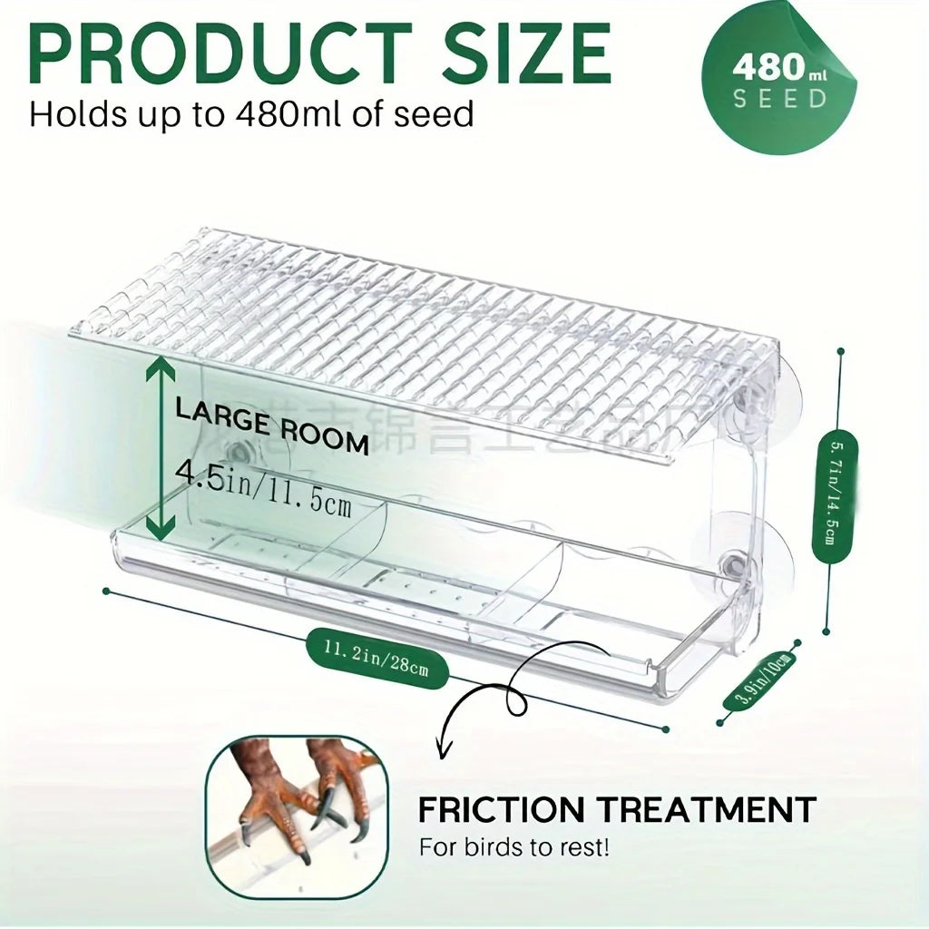 Indestructible Window Bird Feeder With Removable Seed And Water Tray
