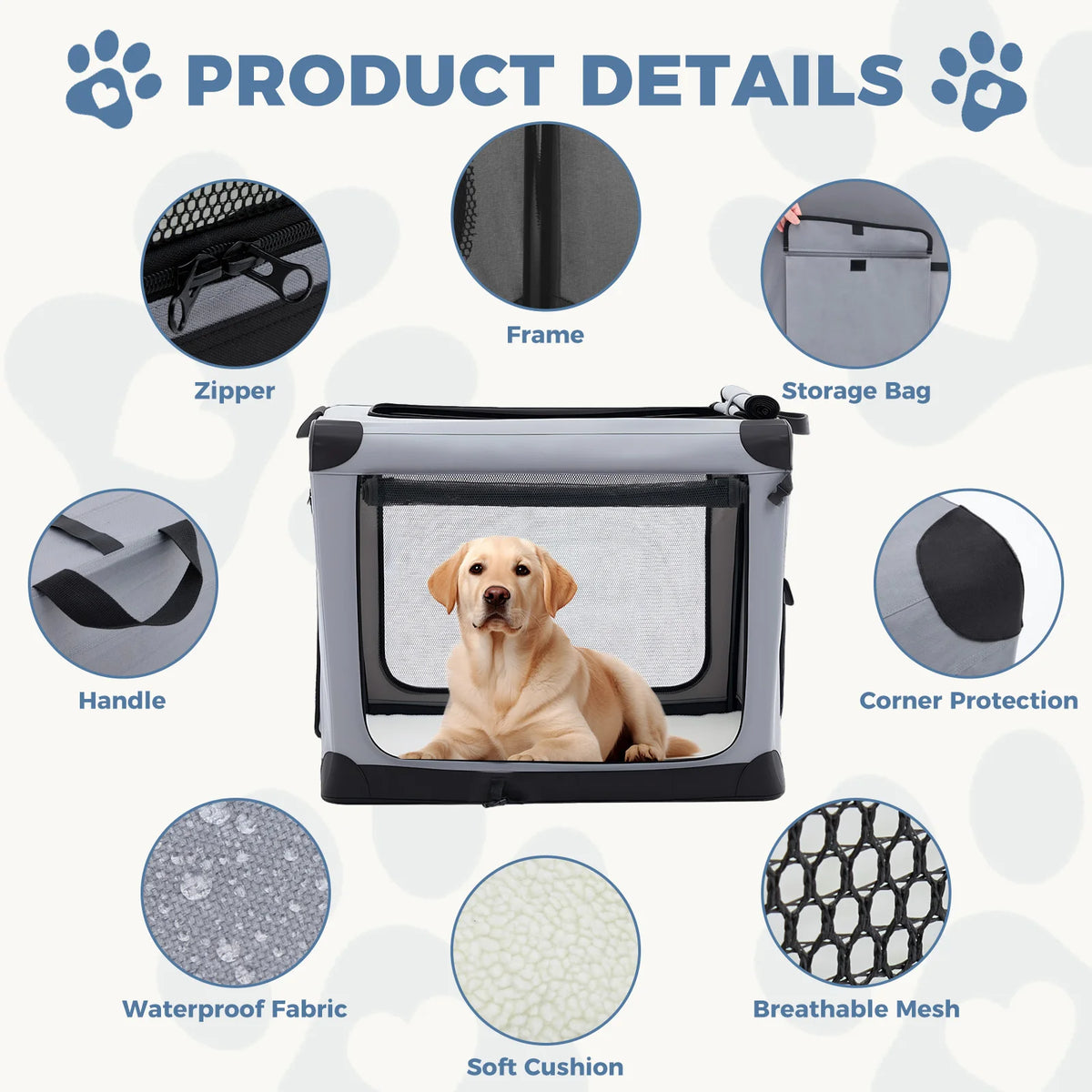 JHK Foldable Soft Dog Crate Pet Kennel With Three Doors
