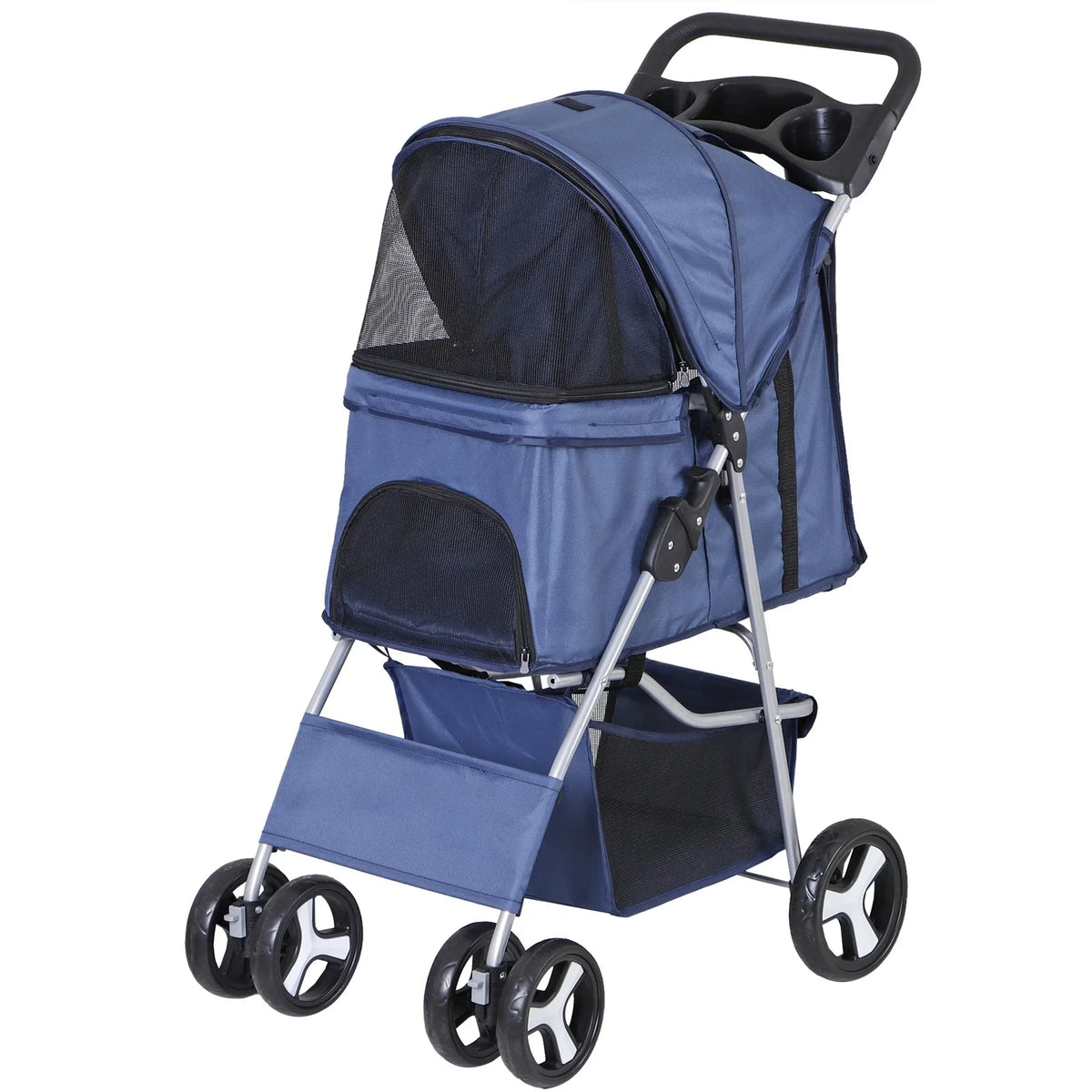 Foldable Pet Stroller with Storage Basket and Cup Holder