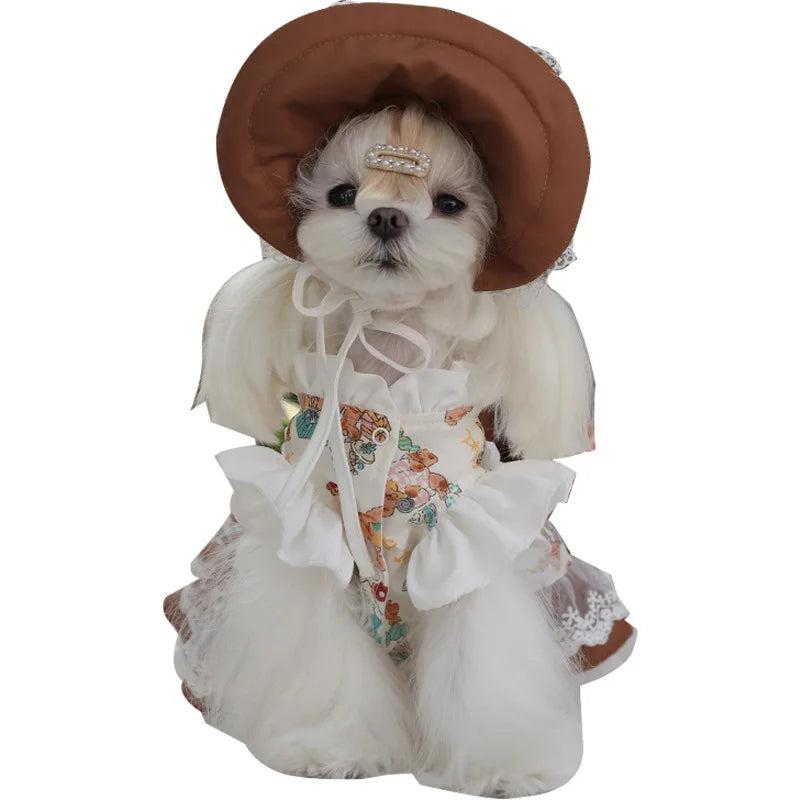NONECN Lace Dress and Maid Hat Set for Canine Companions