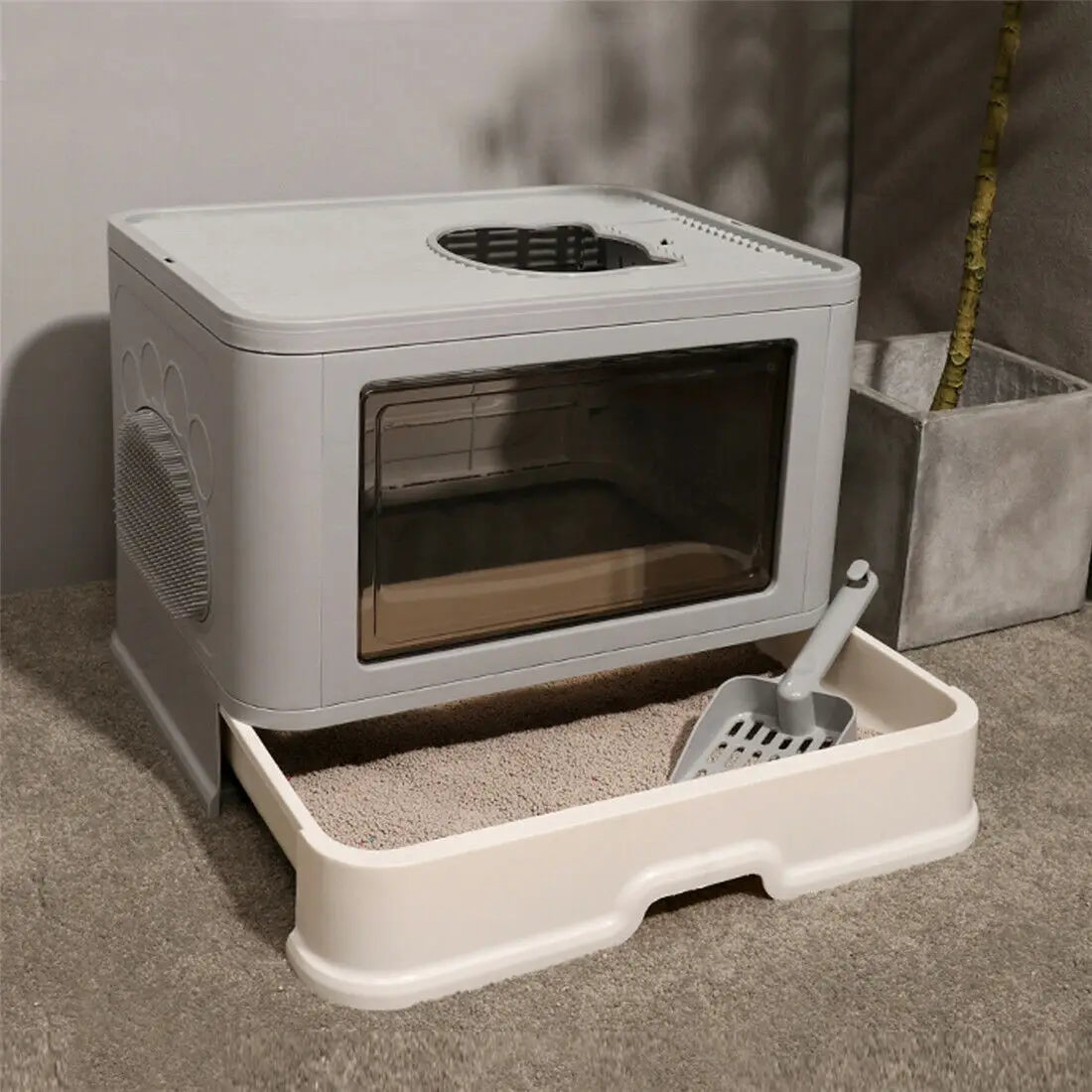 Foldable Cat Litter Box With Front Entry And Scoop Enclosed