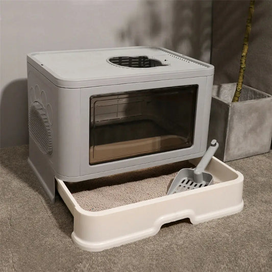Foldable Cat Litter Box With Front Entry And Scoop Enclosed
