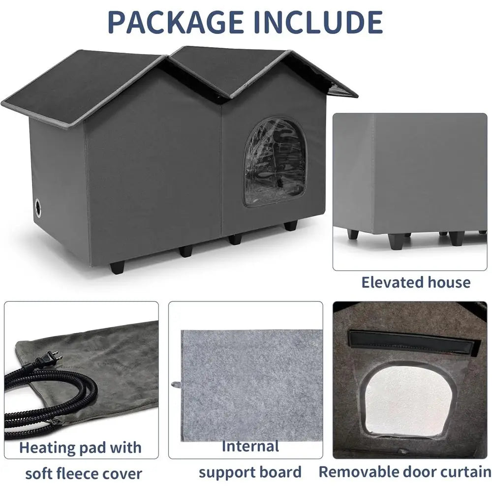 Heated Cat House With Elevated Bed Waterproof Insulated