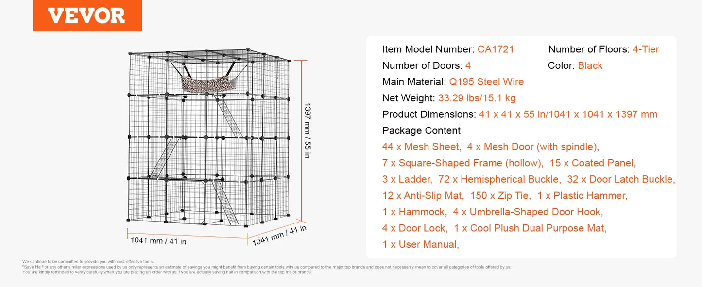 SucceBuy Large Detachable Metal Wire Cat Cage With Ramp And Hammock