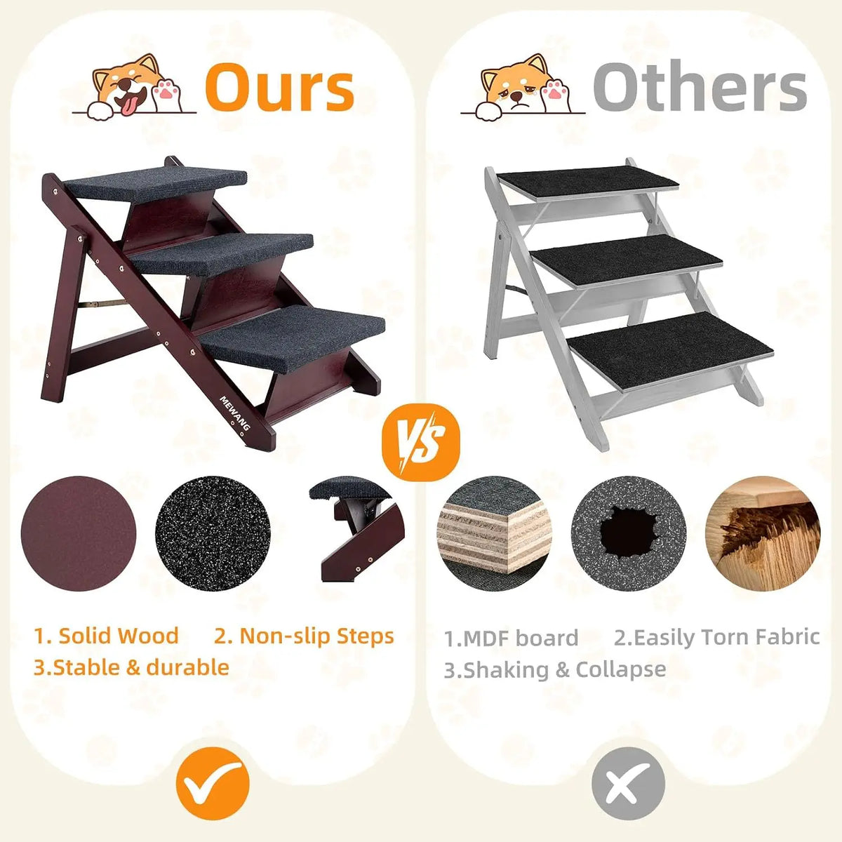 Premium Foldable 3 In 1 Pet Stairs Ramp Wood Construction