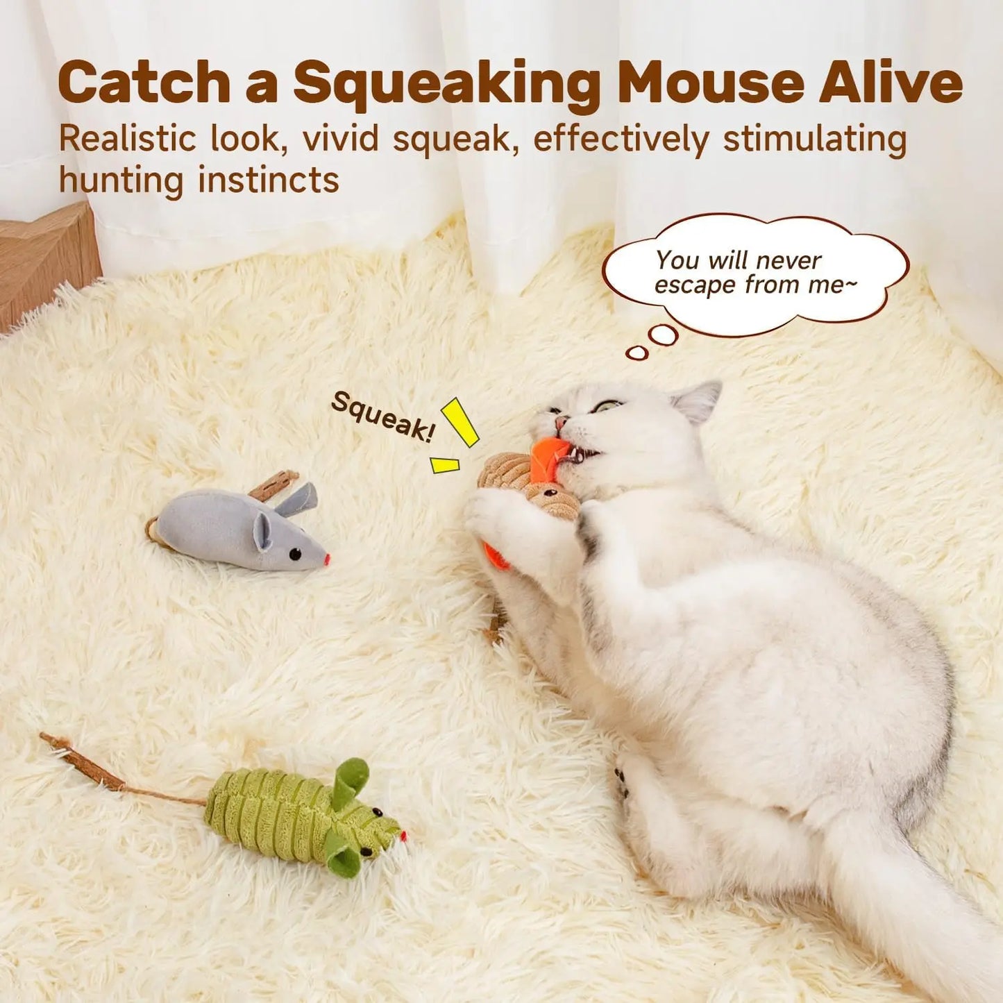 NONECN Squeaking Plush Mice Cat Toys Kitten Interactive Set