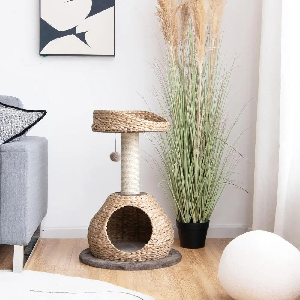 Modern Cat Tree With Natural Sisal Post And Wicker Perch