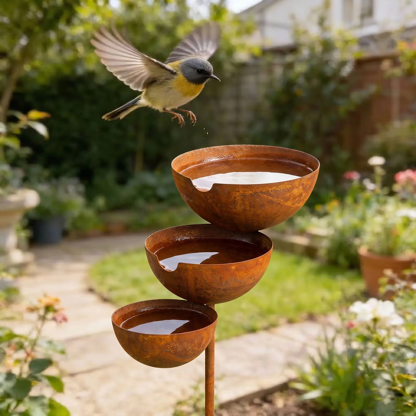 3-Layer Bird Water Bowl With Metal Stake Outdoor Bird Bath