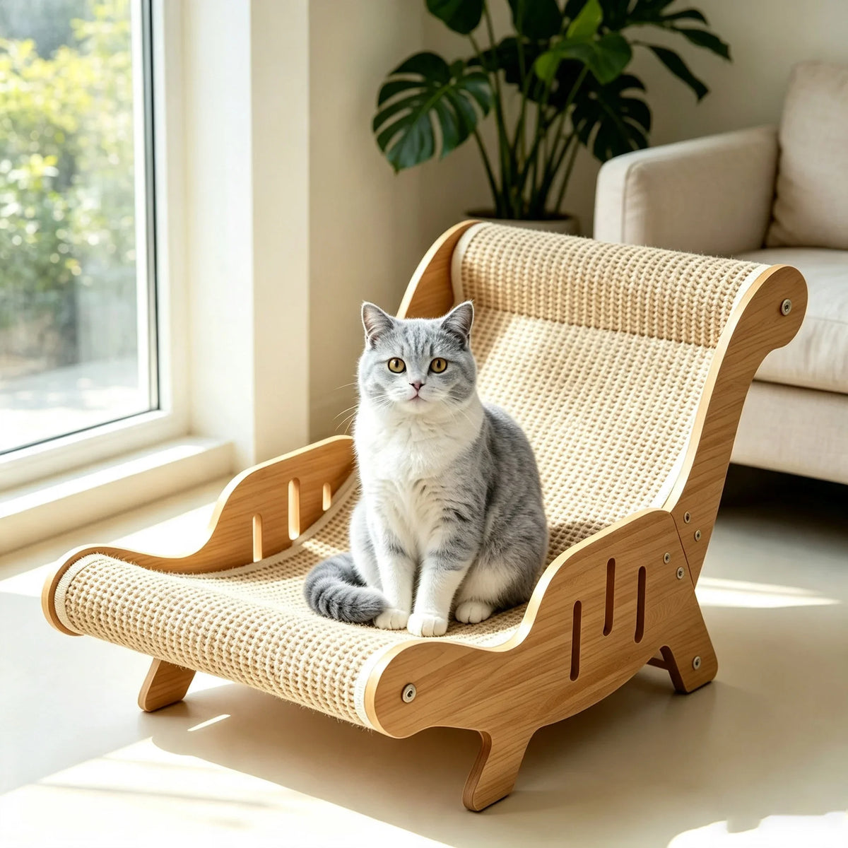 Wooden Sisal Cat Lounge Chair and Multi Functional Scratcher for Playtime