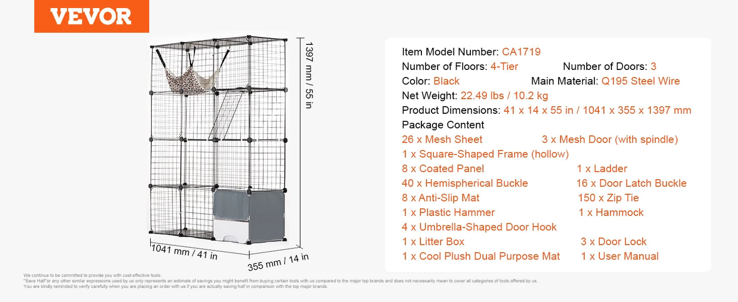 SucceBuy Large Detachable Metal Wire Cat Cage With Ramp And Hammock
