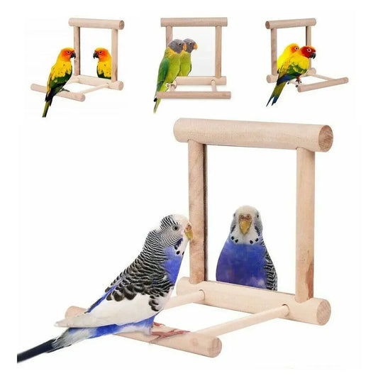 Wooden Bird Mirror Hanging Swing Interactive Play Toy Cage Accessory