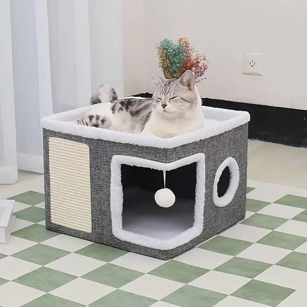 XMSJ Foldable Double Layer Cat House With Toy Tunnel