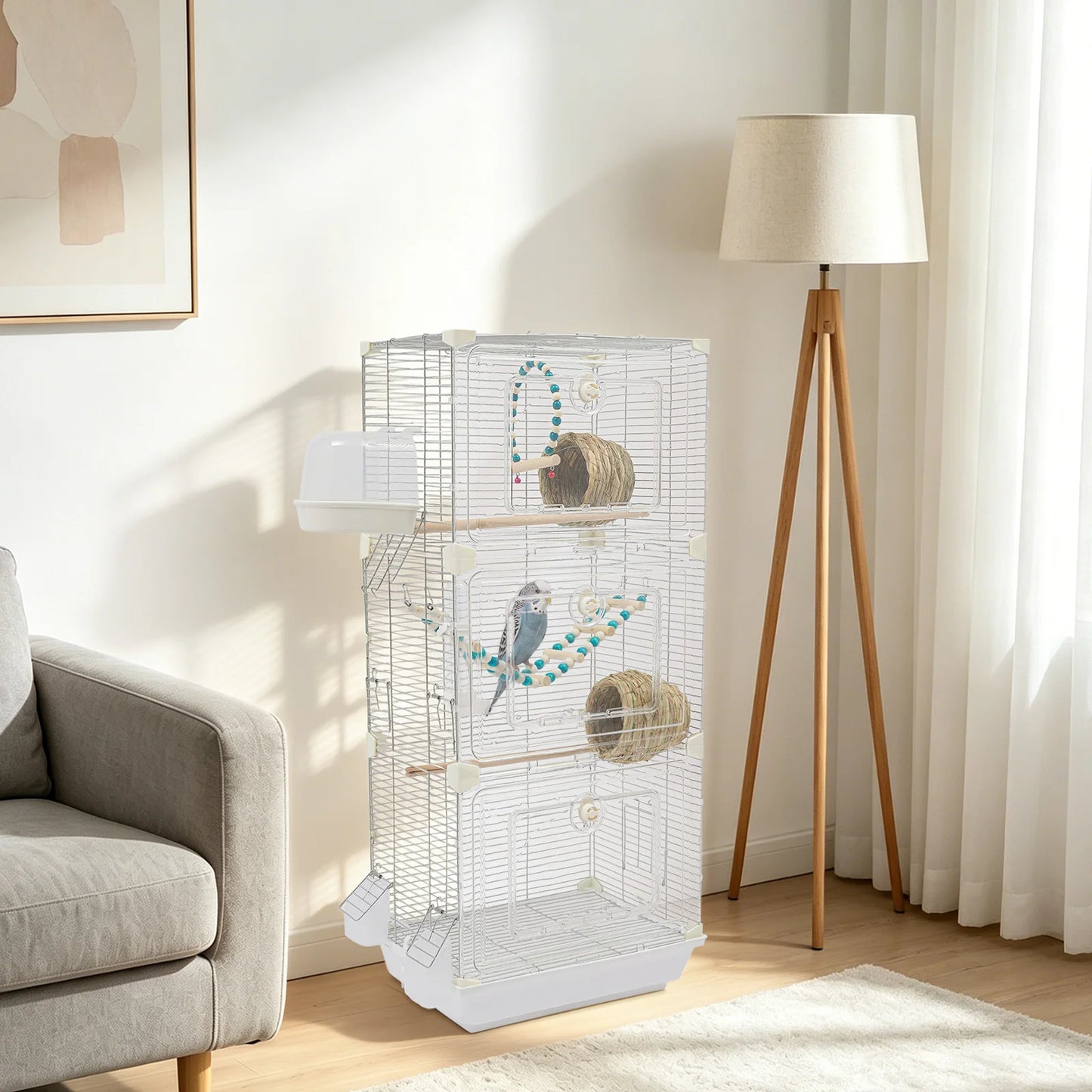 Bird Cage with Bird Nest, 3-Tier Metal Birdcage with 3 Access Doors & Bath Box for Budgies Canaries Parakeets, White