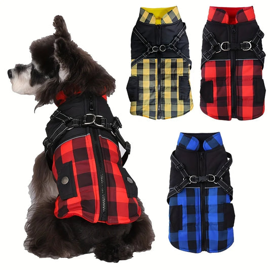 Plaid Padded Dog Jacket With Harness Windproof For Winter Weather