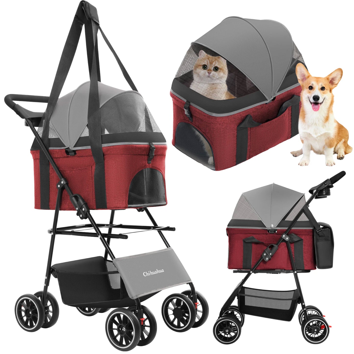 Chihuahua 3 in 1 Pet Stroller For Dogs Cats Foldable