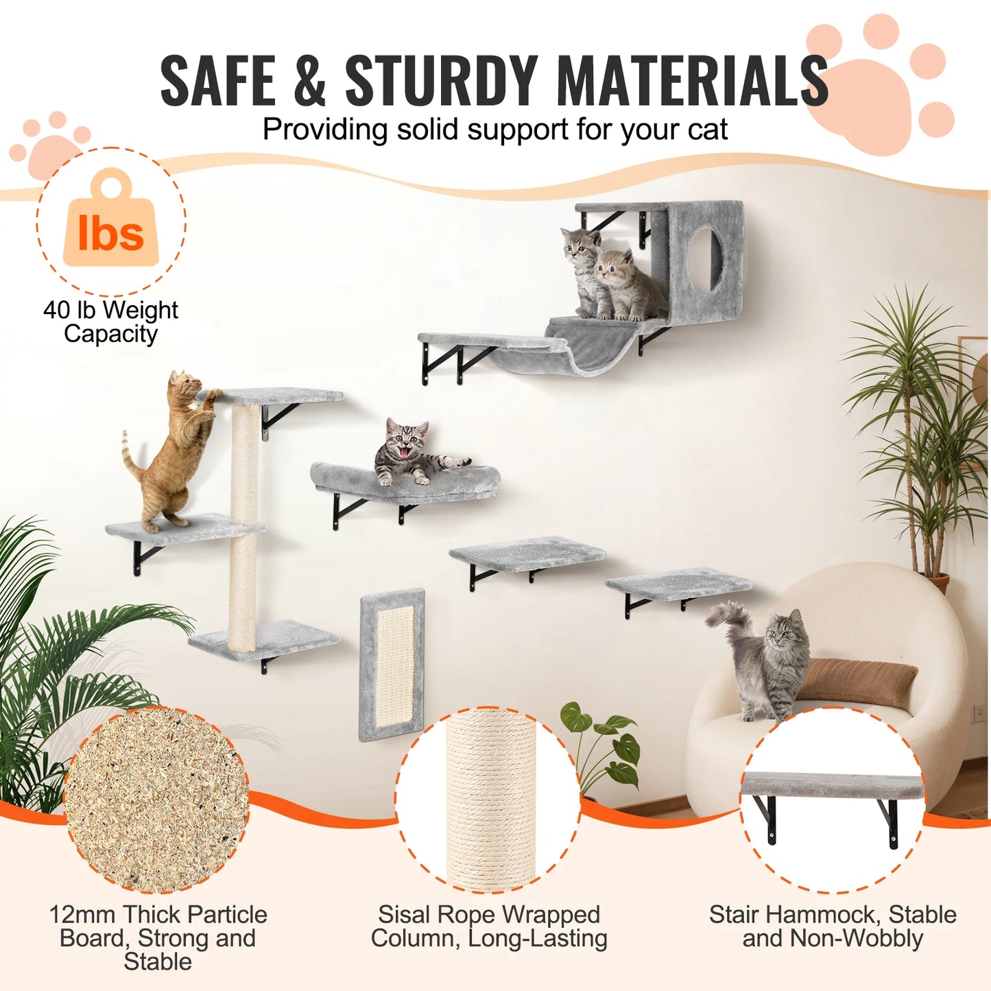 SucceBuy Wall Mounted Cat Shelves Three-Tier Perches
