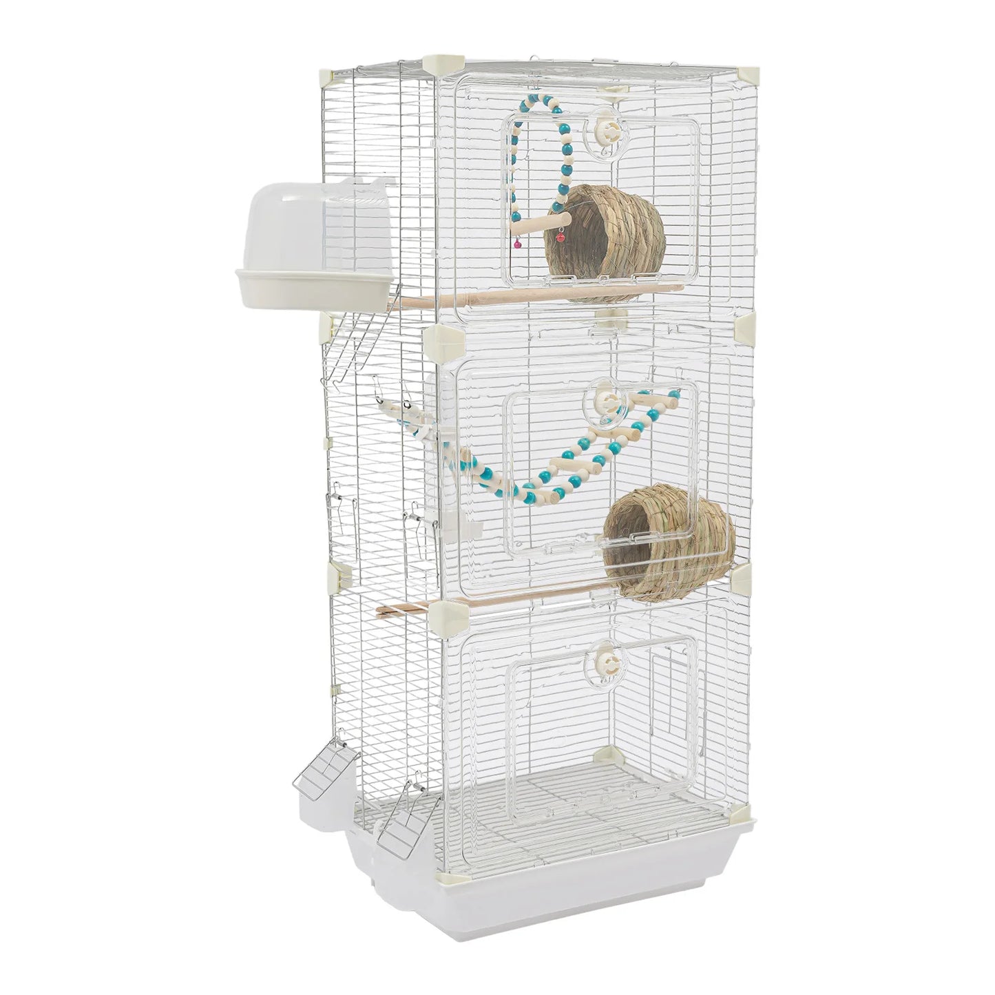 Bird Cage with Bird Nest, 3-Tier Metal Birdcage with 3 Access Doors & Bath Box for Budgies Canaries Parakeets, White