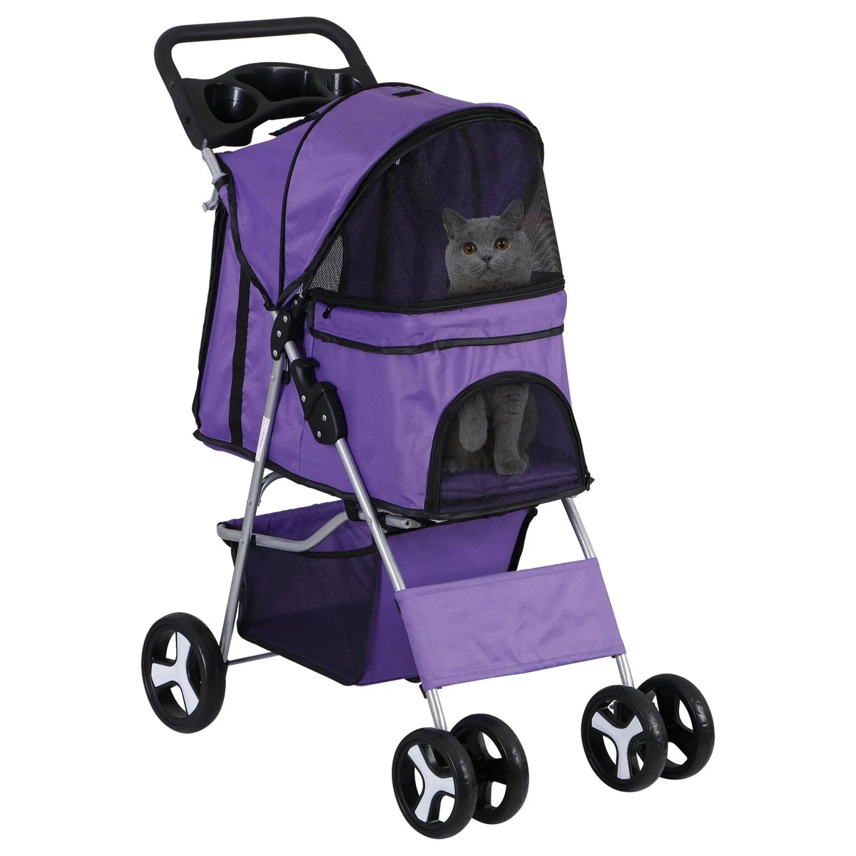 Foldable Pet Stroller with Storage Basket and Cup Holder
