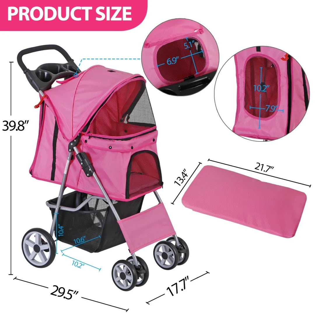 Foldable Pet Stroller with Storage Basket and Cup Holder