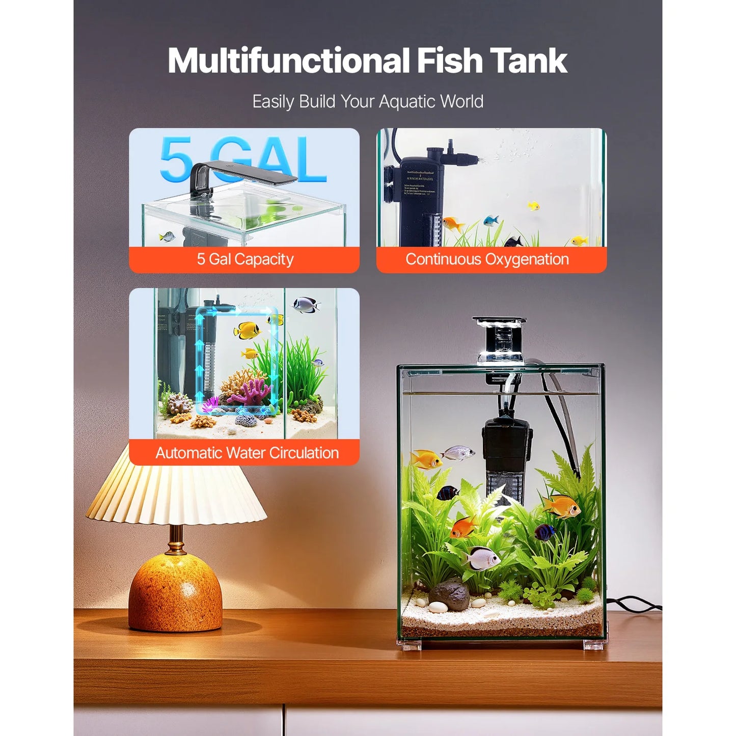 SucceBuy Fish Tank Aquarium 2/5Gal Square Ultra-Clear Glass Starter Tank Adjustable 3 Color Lighting Self Cleaning System for Home