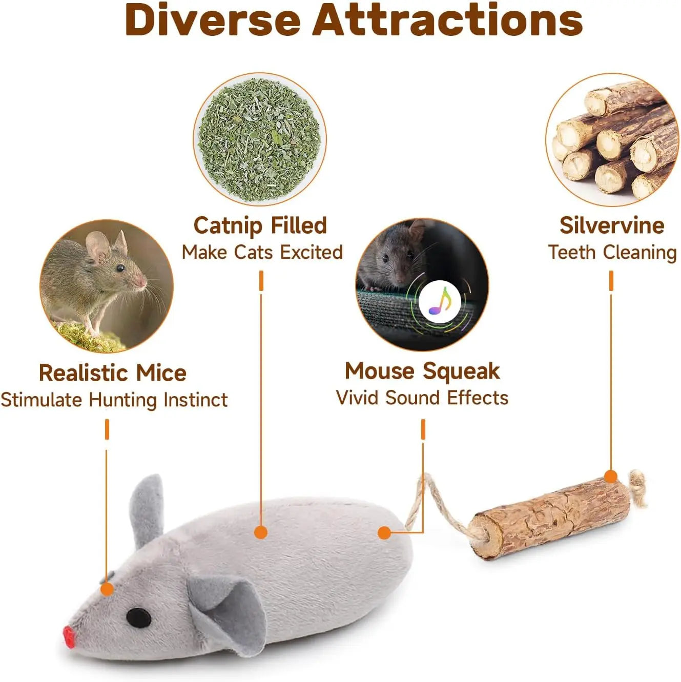 NONECN Squeaking Plush Mice Cat Toys Kitten Interactive Set