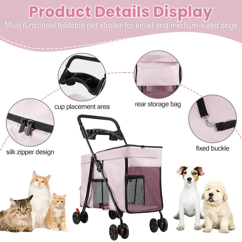 Foldable Dog Stroller With 360 Degree Wheels And Ventilation Windows