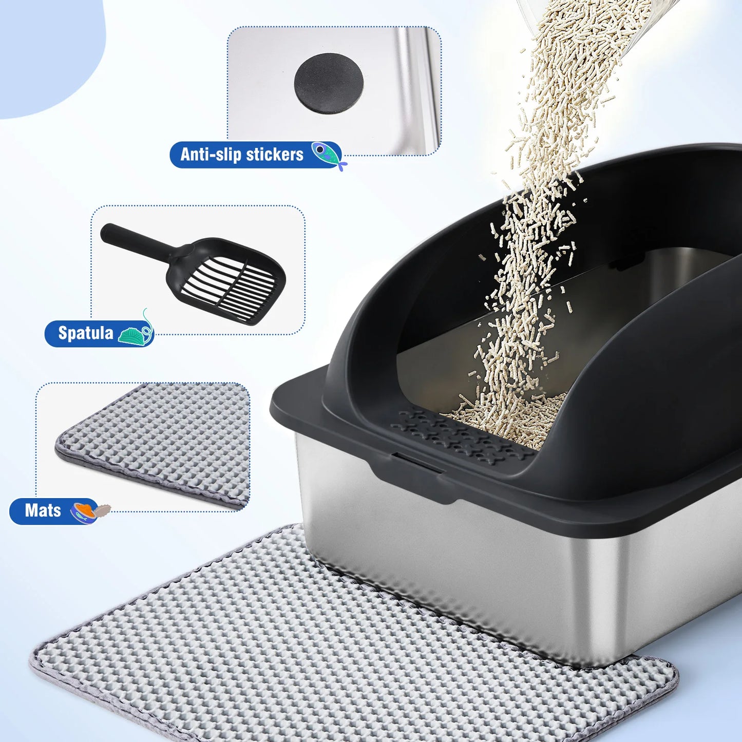 JHK Stainless Steel Large Cat Litter Box With Lid And Mat