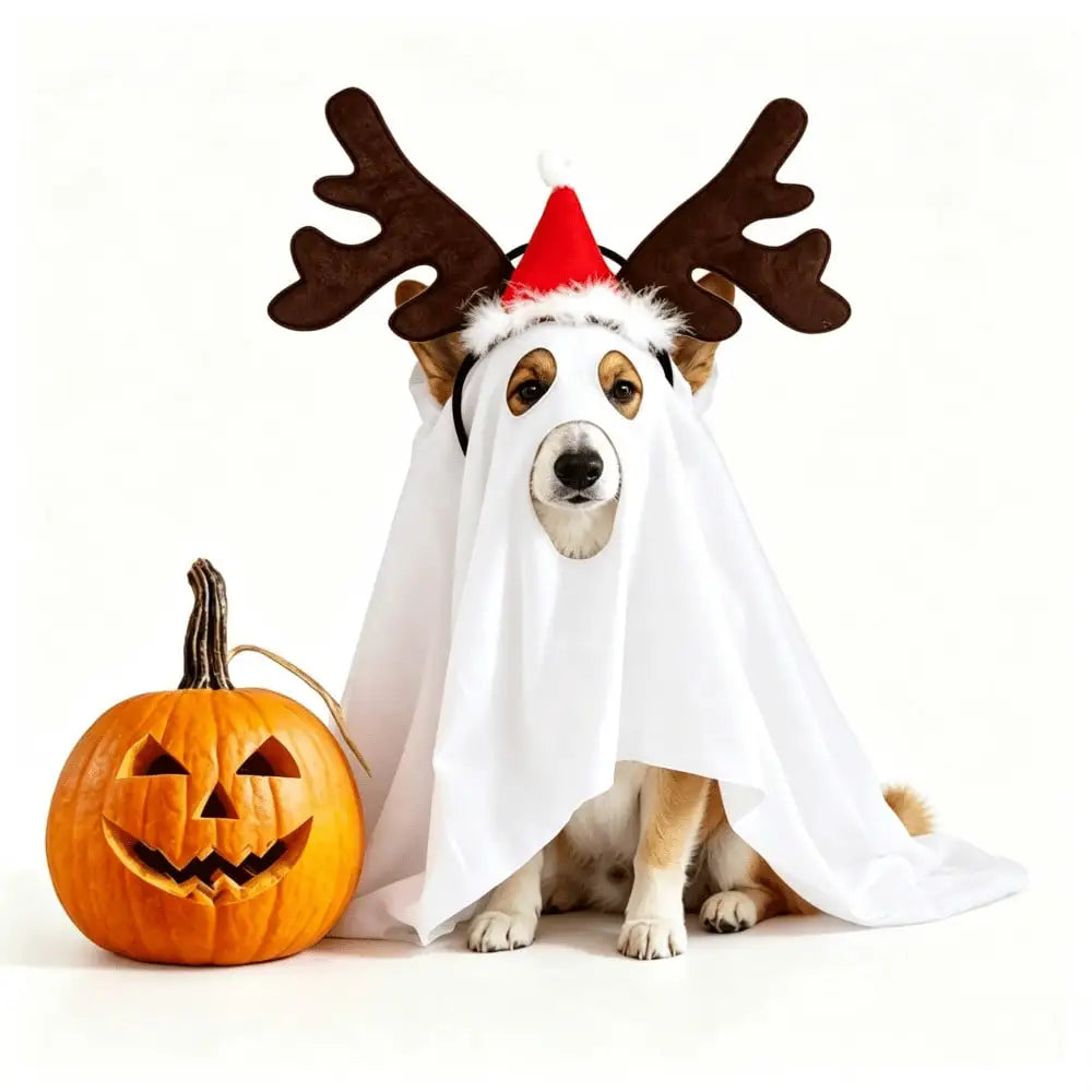Halloween Ghost Pet Cape and Reindeer Antler Headband Costume Set
