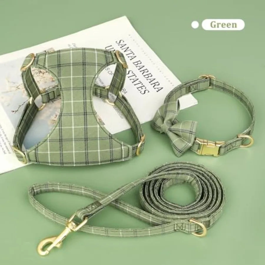 Adjustable Plaid Dog Harness Collar and Leash Set with Bowtie