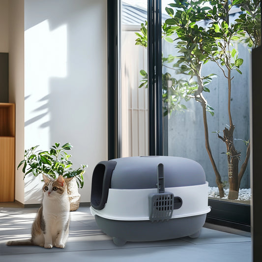 Hooded Cat Litter Box Front Entry Enclosed Toilet With Scoop