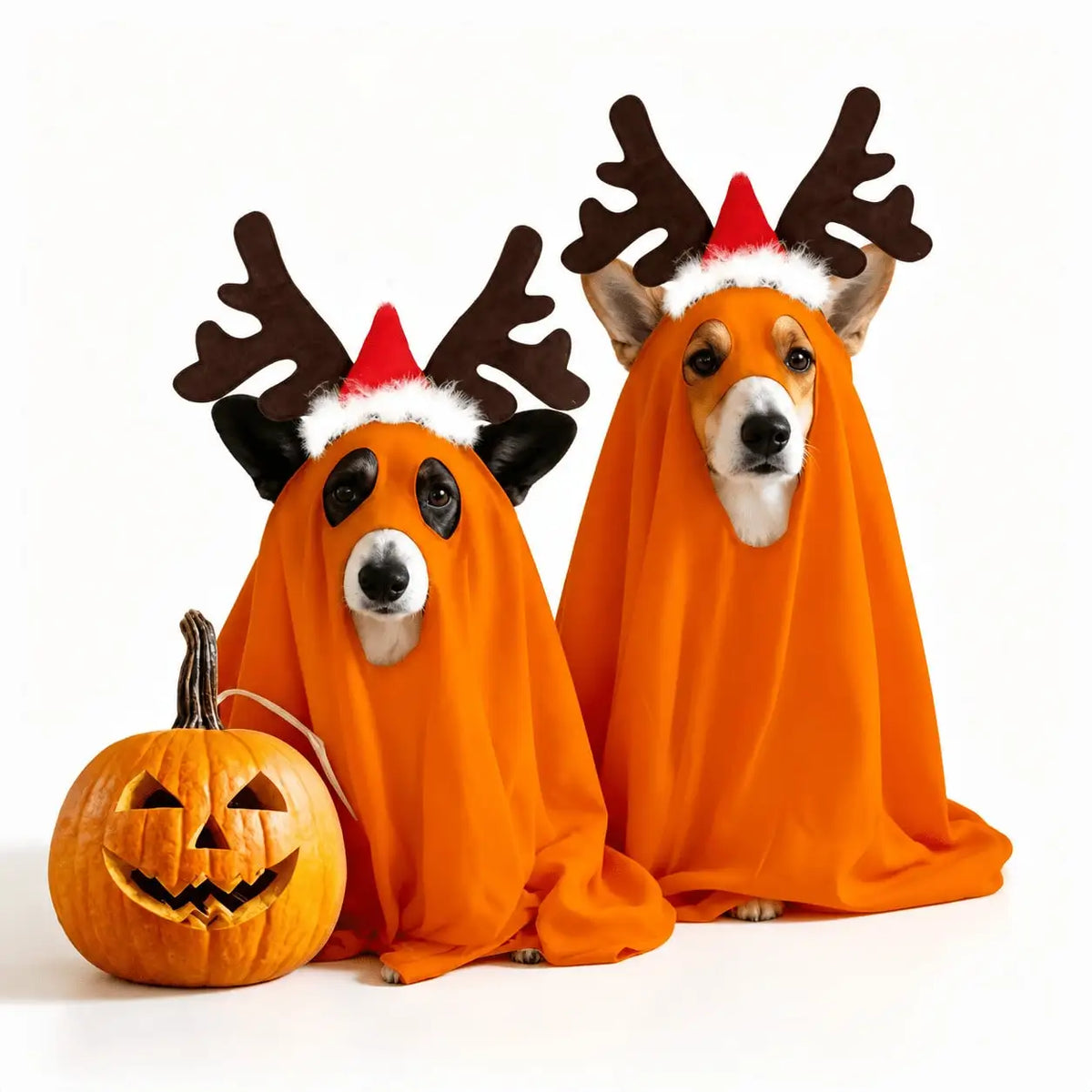 Halloween Ghost Pet Cape and Reindeer Antler Headband Costume Set