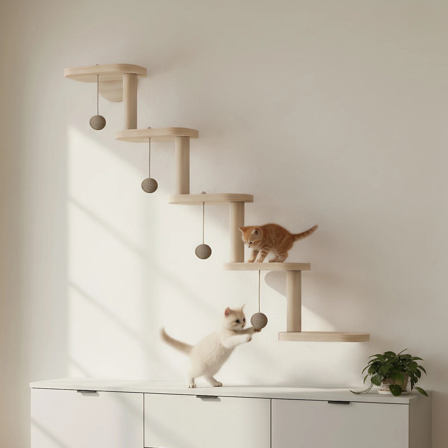 Five Step Wooden Cat Climbing Frame Wall Mounted Ladder Shelf