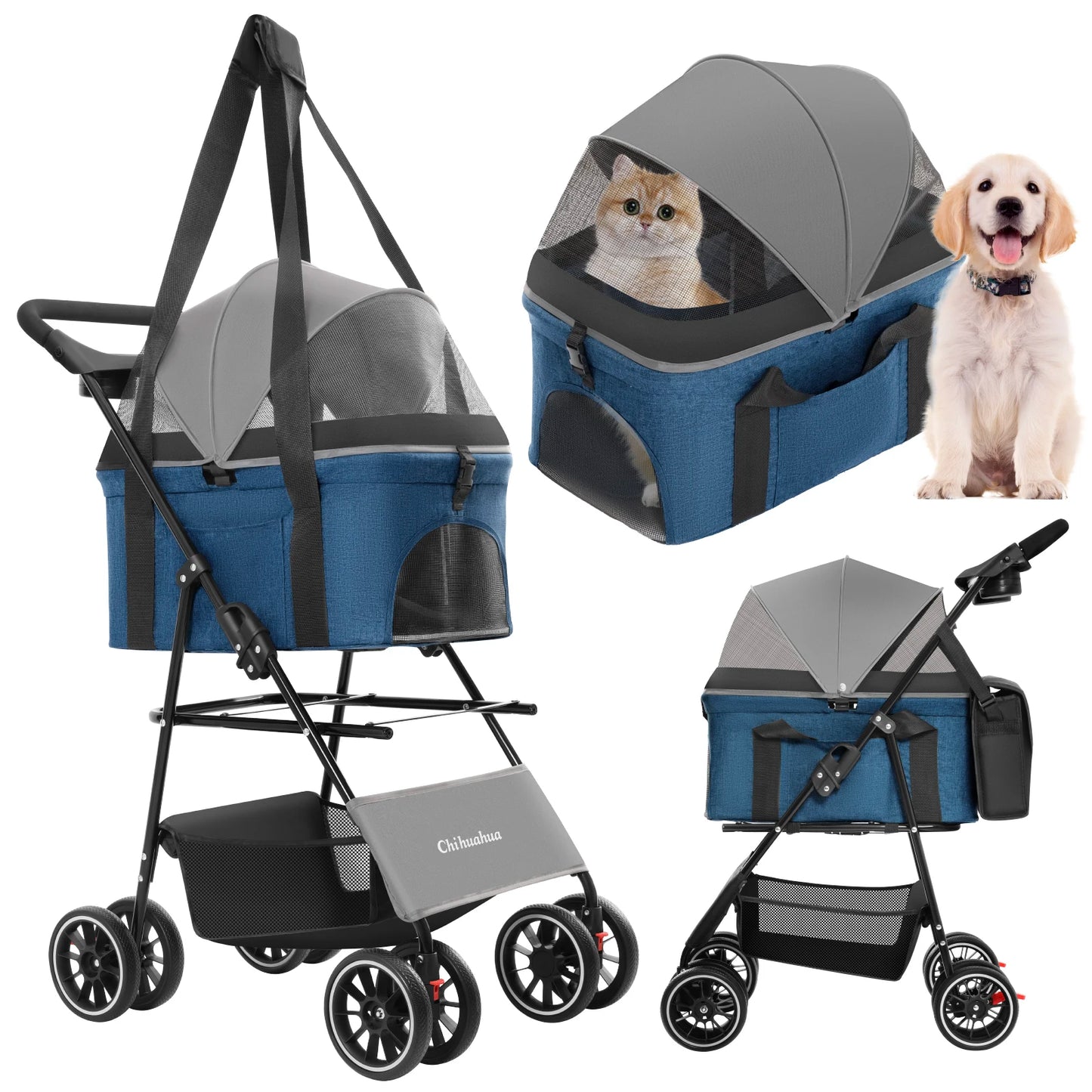 Chihuahua 3 in 1 Pet Stroller For Dogs Cats Foldable