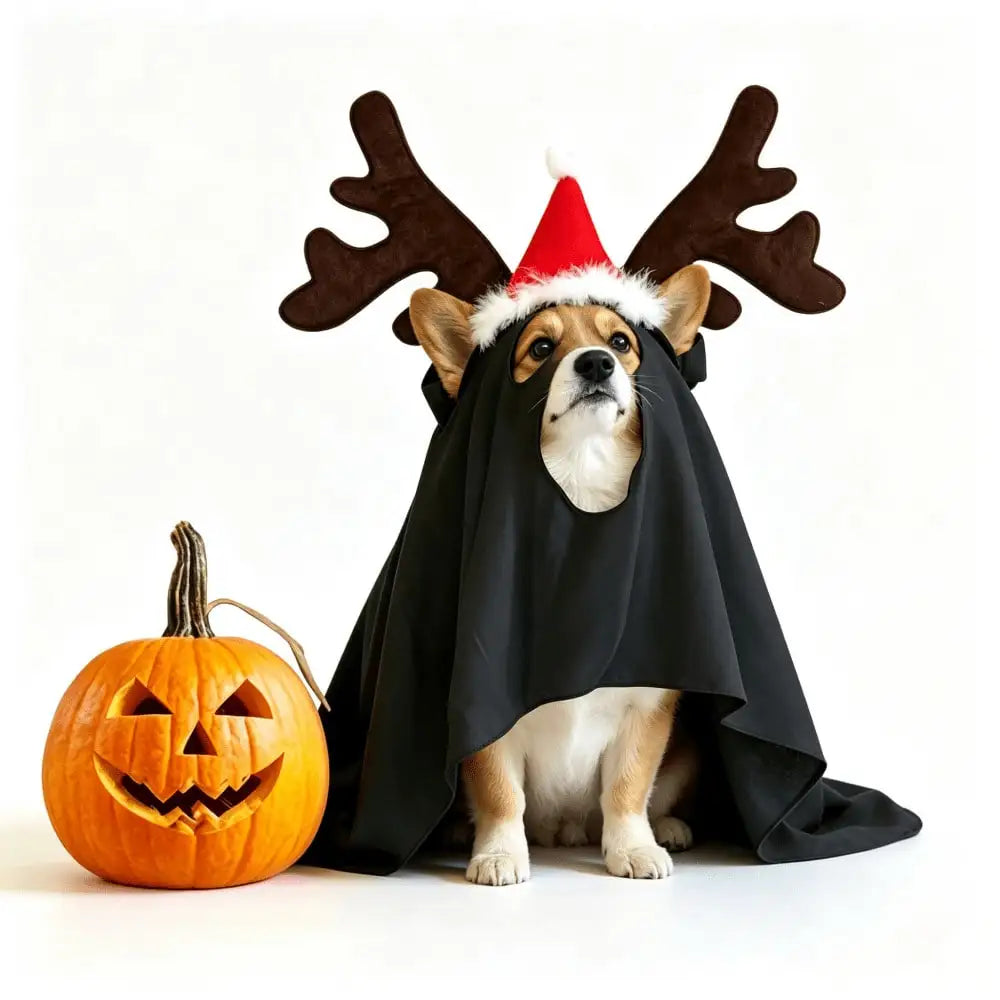 Halloween Ghost Pet Cape and Reindeer Antler Headband Costume Set