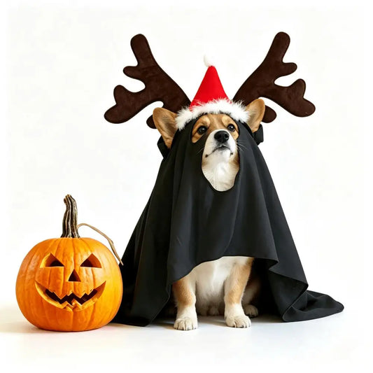 Halloween Ghost Pet Cape and Reindeer Antler Headband Costume Set