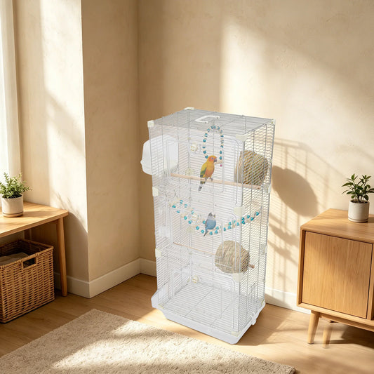 Bird Cage with Bird Nest, 3-Tier Metal Birdcage with 3 Access Doors & Bath Box for Budgies Canaries Parakeets, White