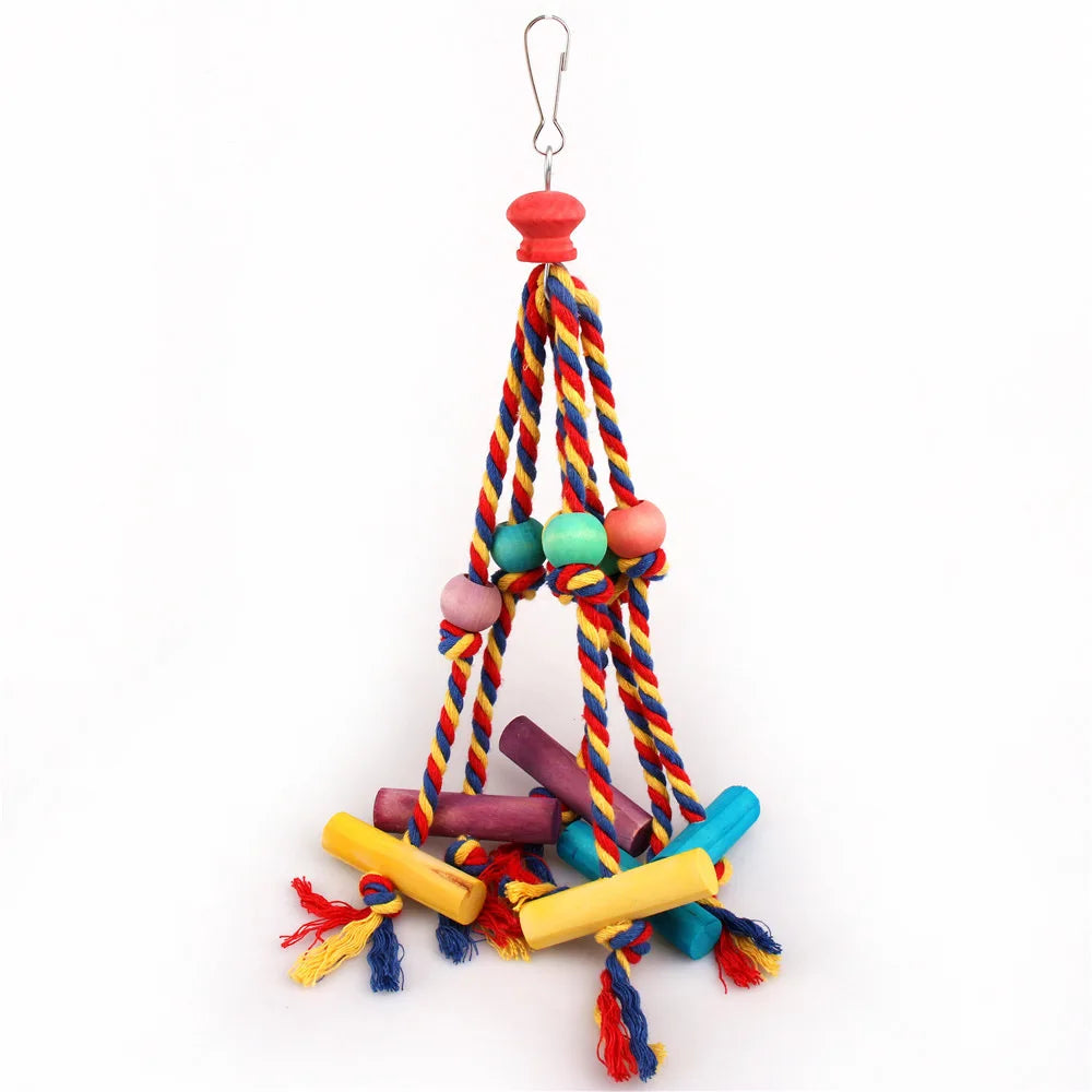 Wood Chewing Bird Toy With Cotton Rope Parrot Cage Accessory