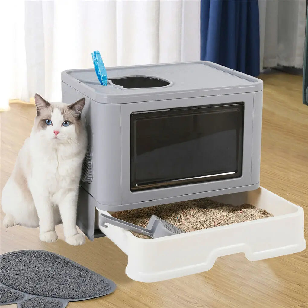 Foldable Cat Litter Box With Front Entry And Scoop Enclosed
