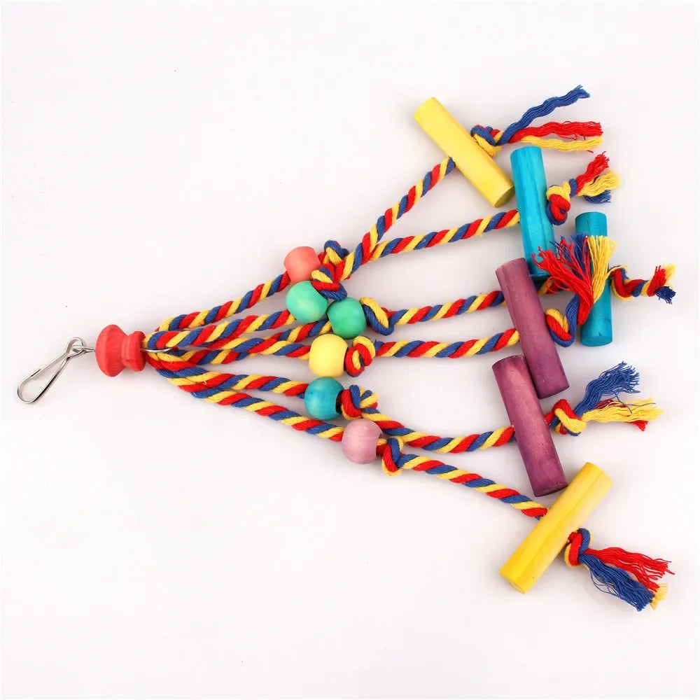 Wood Chewing Bird Toy With Cotton Rope Parrot Cage Accessory