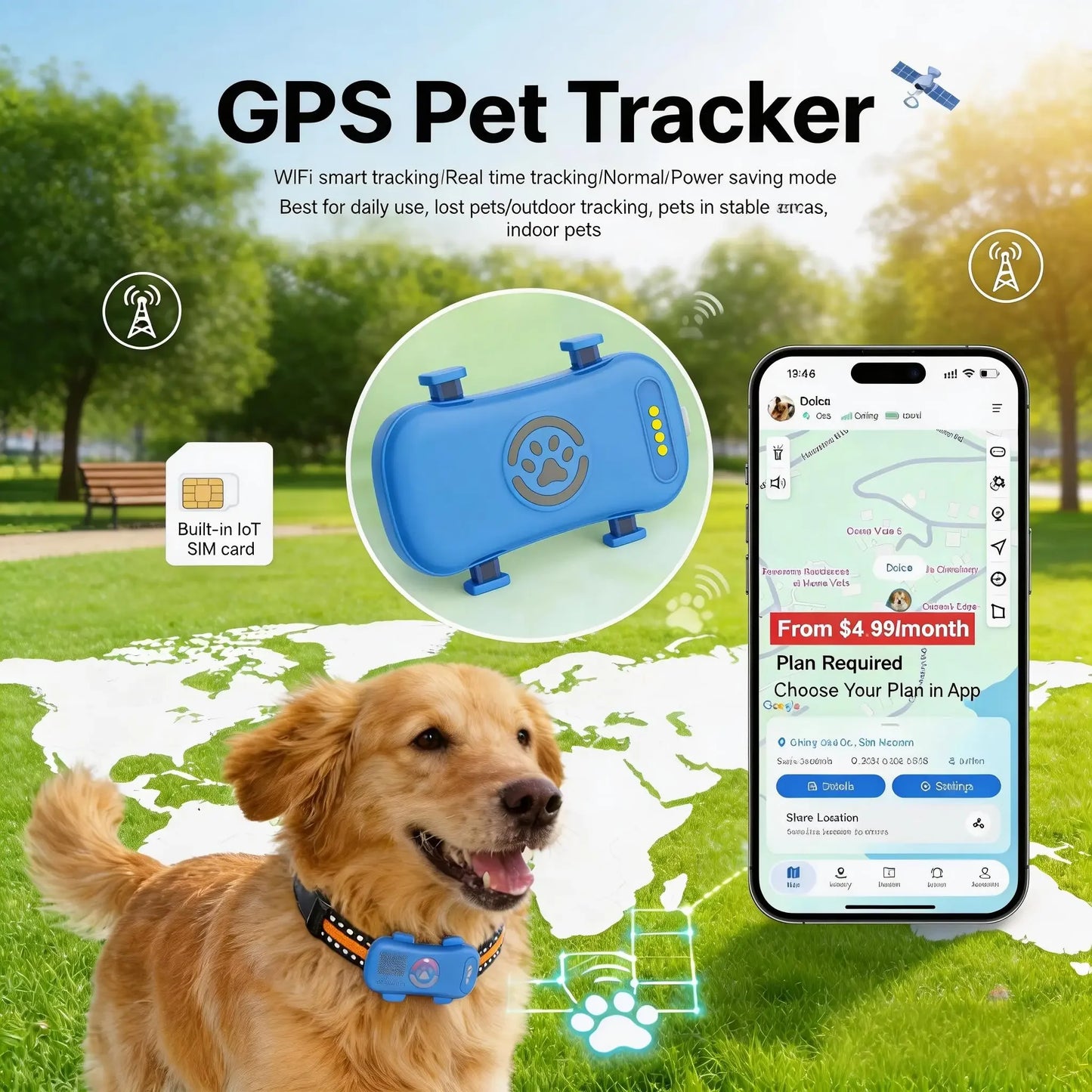 WANWAYTECH GPS Pet Tracker 4G For Dogs And Cats IP67 Waterproof