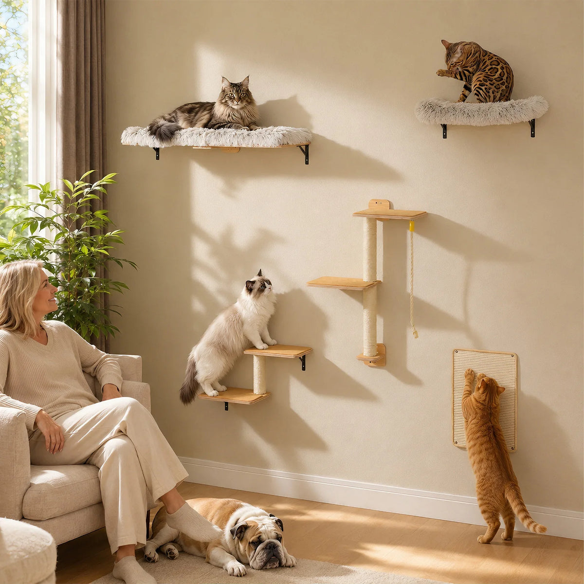 PAWZ Road Wooden Cat Climbing Wall Shelves With Scratching Posts