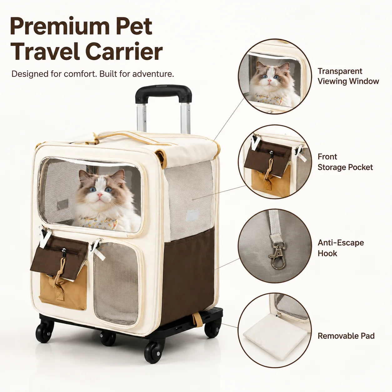 2 In 1 Rolling Cat Carrier With Wheels Telescopic Handle