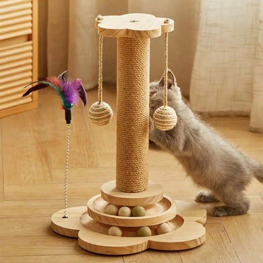 Wooden Cat Scratching Post And Indoor Activity Station