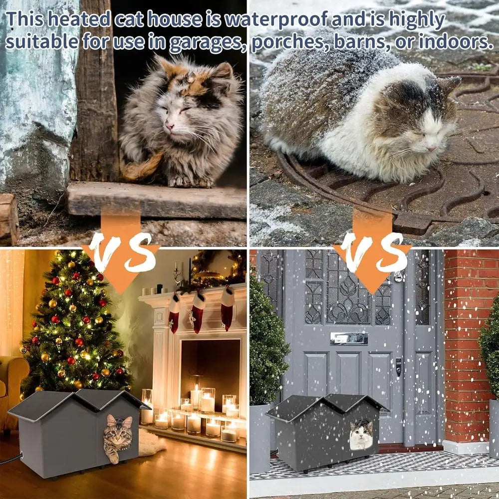 Heated Cat House With Elevated Bed Waterproof Insulated