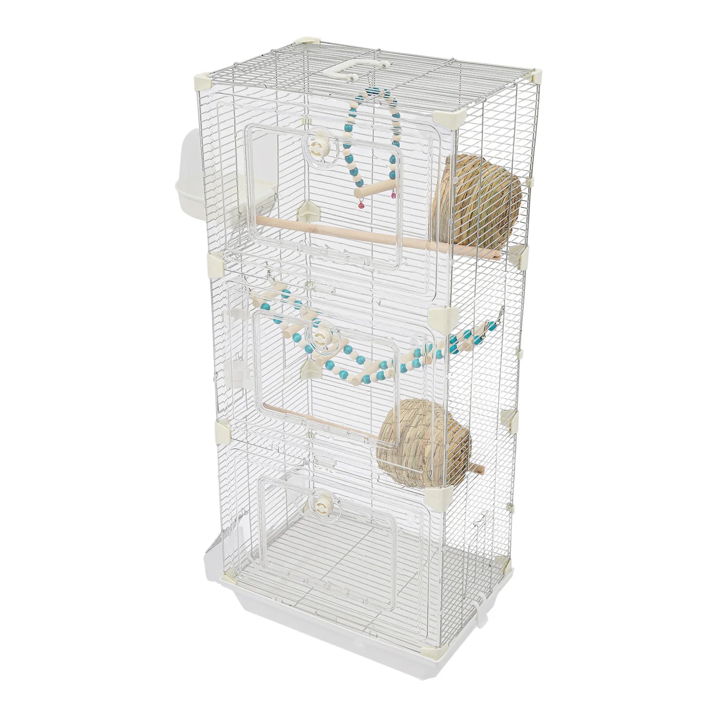 Bird Cage with Bird Nest, 3-Tier Metal Birdcage with 3 Access Doors & Bath Box for Budgies Canaries Parakeets, White